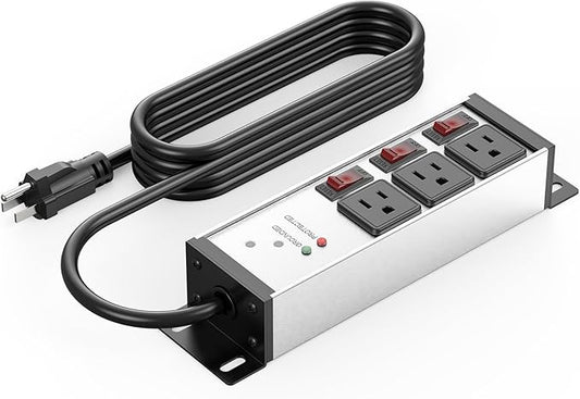 CCCEI 3 Outlet Heavy Duty Surge Protector Power Strip 20 Amp Individual Switches. 12 Gauge Extension Cord, Overload, Ground Protection. Garage Wall Mount Electric Extender, 25FT, Silver.