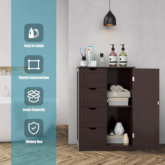 Giantex Bathroom Storage Cabinet with Drawers - 4 Drawer Storage Organizer w/Cupboard, Adjustable Shelf, Anti-Toppling Device, Entryway Storage Unit Console Table, Bathroom Floor Cabinet (Brown)