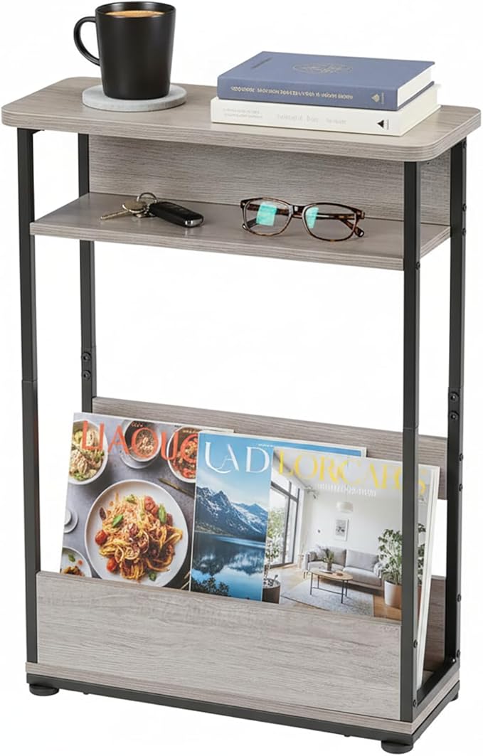 Narrow Side Table,3-Tier Slim End Table with Storage Shelf,Modern Sofa Table Thin Side Table for Narrow and Small Spaces, Skinny Bedside Table Small Nightstand with Magazine Rack Space Saving/Oak