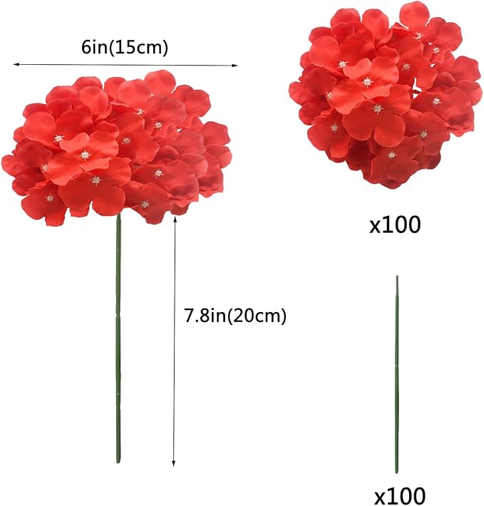 WEISPARK 100PCS Artificial Hydrangea Flowers, Fake Flowers Silk Hydrangea Full Flowers Heads with Stems for Wedding Home Party Shop Baby Shower Decor (Red)