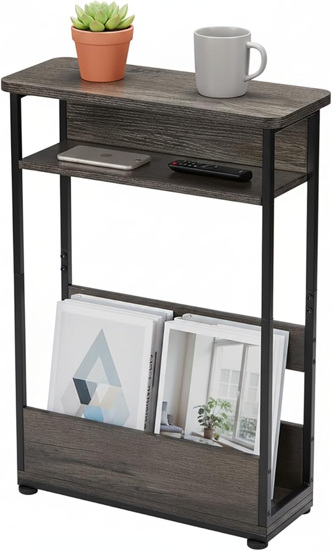 Vintage Narrow Side Table with Storage Shelf, 3 Tier Slim End Table Modern Sofa Table for Narrow and Small Spaces, 24.6 Inch Height Bedside Table Nightstand (Grey, Large)
