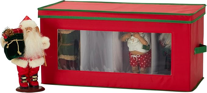 Household Essentials Holiday Figurine Storage Box, Windowed Storage with Lid, 8 Storage Compartments, Double Handles, Red with Green Trim