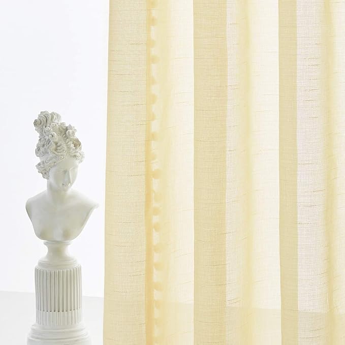 Treatmentex Pom Pom Yellow Sheer Curtains for Girl's Room 63" Linen Texture Voile Draperies for Bedroom 52" w 2 Pack