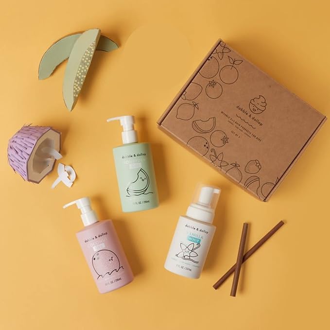 Dabble & Dollop Beachy Bundle, Natural Bubble Bath, Body Wash, Shampoo for Kids, USA-Made, Paraben & Sulfate Free, Vegan, Gluten-Free, Tear-Free, Honeydew Melon, Vanilla & Coconut (Set of 3)