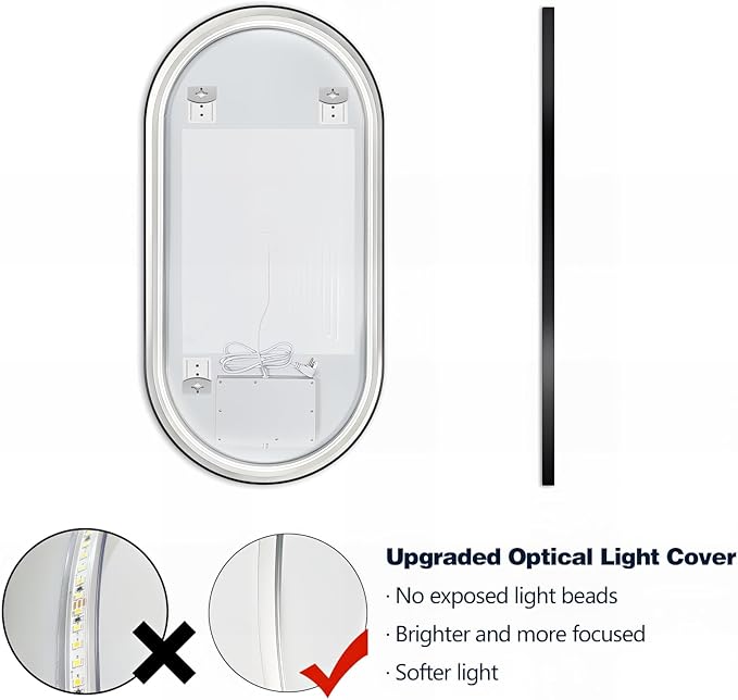 Niccy Oval LED Mirror for Bathroom, 48x24 Front Lit + Backlit Vanity Mirrors with Light Anti-Fog, Shatter-Proof, 3 Colors, Makeup Mirror with Black Frame (Horizontal/Vertical)
