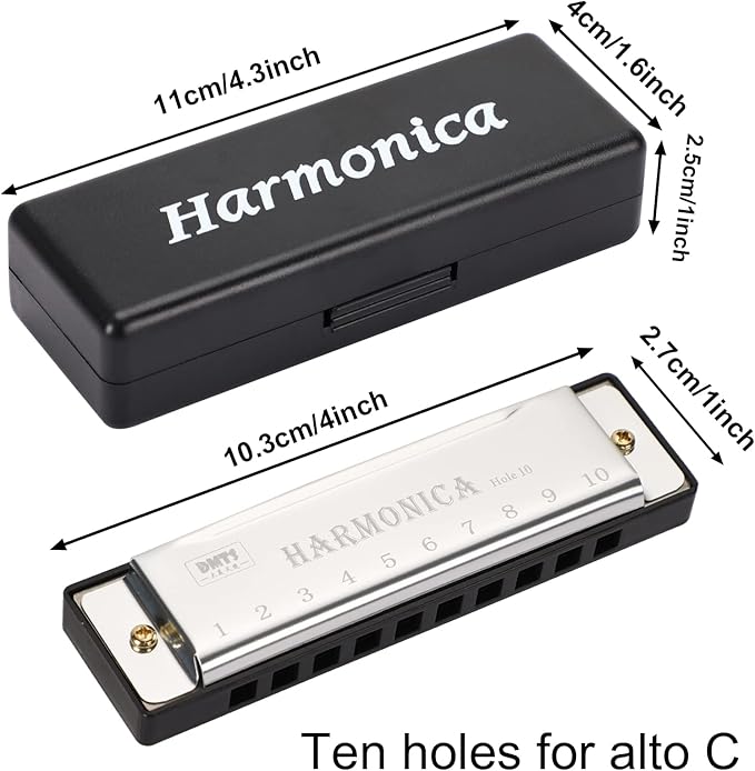 UPINS Harmonica, 4PCS Key of C 10 Hole 10 Tones Titanium Color Harmonica with Case for Beginner (Silvery)