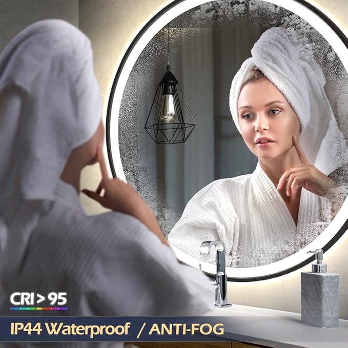 LED Sensor Mirror, Round Human Body Induction, Black Framed Vanity Mirror, Illuminated Dimmable Anti Fog IP44 Waterproof Wall Mounted Mirror (32" L x 32" W)