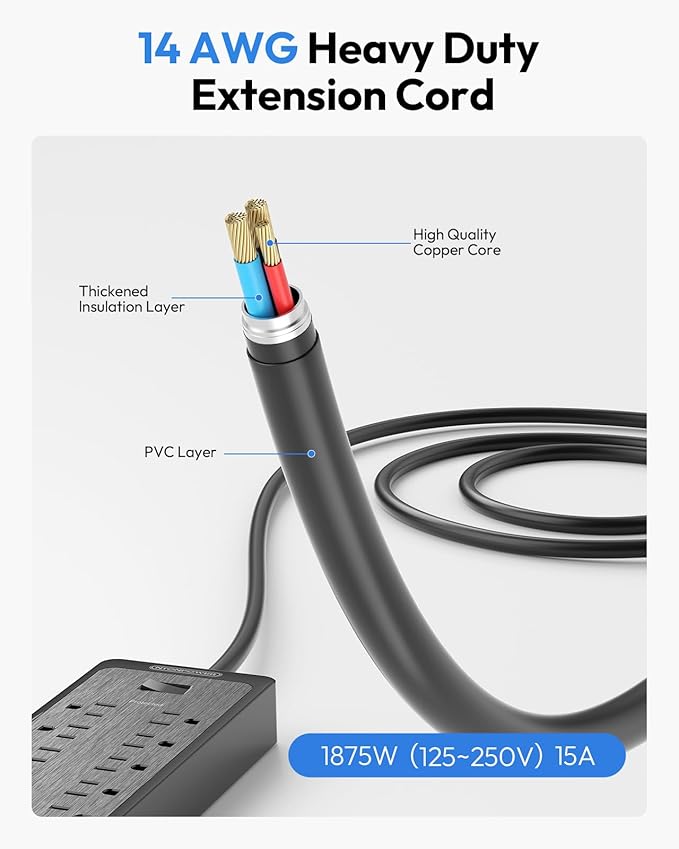 NTONPOWER 25 Ft Extension Cord Flat Plug, 12 Outlets(2 Widely Space) 3 USB with 2100J Surge Protector Power Strip, Overload Protection, 1875W/15A, Wall Mount for Home Office, Workbench or Garage,Black