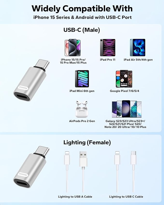 MoKo Lightning to USB C Adapter for iPhone 17 Air 16 15 Pro Max Plus, Galaxy S25 S24 S23, iPad Pro/Air, 2 Pack USB-C to Lightning Adapter for Fast Charging/Data Transfer, Not for Audio/OTG, Silver PD