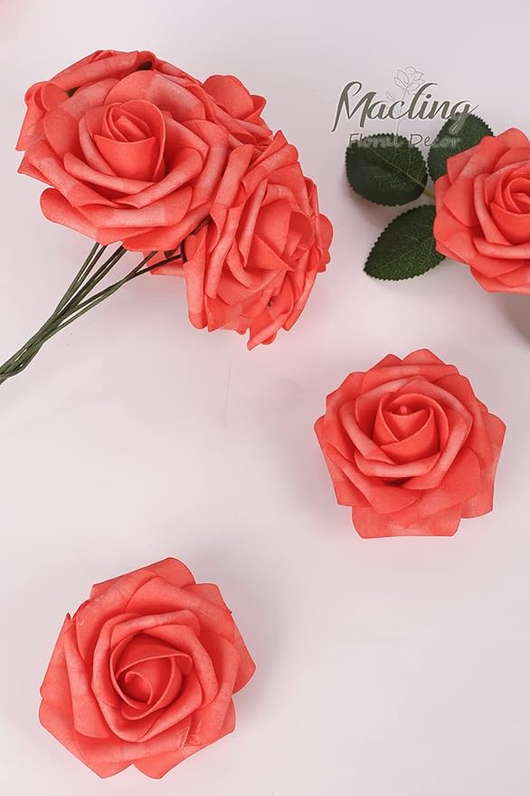MACTING 30PCS Artificial Rose Flowers Real Touch Coral Red Flowers with Stem Fake Roses for DIY Wedding Bouquet Table Centerpieces Party Holiday Baby Shower Home Spring Mothers Day Decorations