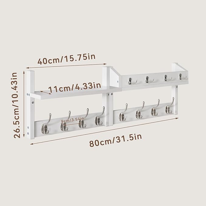 YMYNY 31.5" Coat Rack Wall Mount with Shelf, 4 in 1 Key and Coat Hanger with 12 Metal Hooks, Wall Shelf with Hooks & Mail Holder for Living Room, Bedroom, White, HWS007W-2
