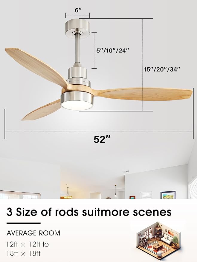 Sofucor Ceiling Fan with Lights, 52 Inch Low Profile Flush Mount Mordern Wood Ceiling Fan with Remote for Indoor Farmhouse Bedroom Living Room Outdoor Patio Porch, Reversible DC Motor, Noiseless