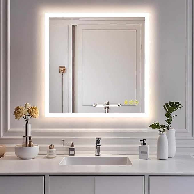 36x36 Inch LED Bathroom Mirror - 3 Colors, Dimmable, Anti-Fog, Wall Mounted Smart Vanity Mirror