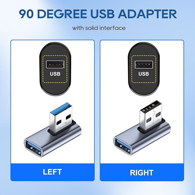 UCEC 90 Degree USB 3.2 Adapter, USB 90 Degree Adapter USB Angle Adapter, Left and Right Angle USB A Male to USB A Female Adapter Extender Connector 10Gbps 2-Pack
