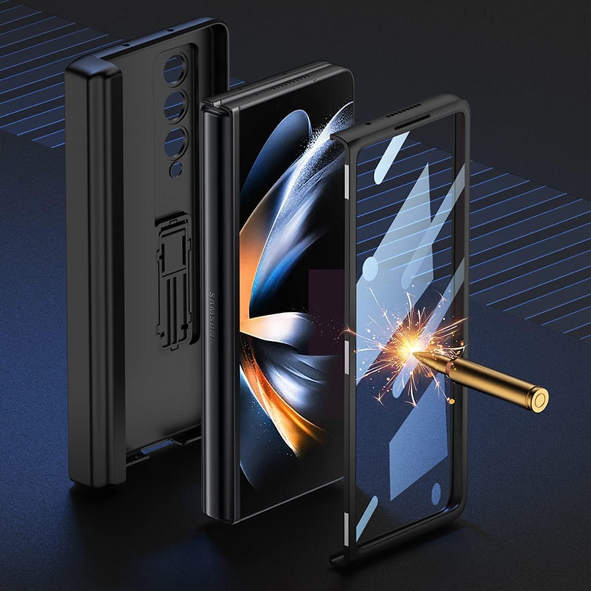 Magnetic Hinge Protective Case for Samsung Galaxy Z Fold 4, All-Inclusive Case with S Pen Box Holder and Front Glass