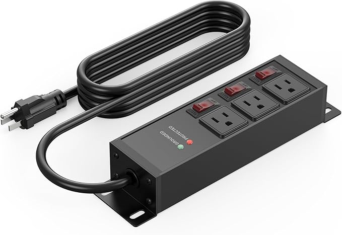 CCCEI 3 Outlet Heavy Duty Surge Protector Power Strip 20 Amp Individual Switches. 12 Gauge Extension Cord, Overload, Ground Protection. Garage Wall Mount Electric Extender, 15FT, Black.