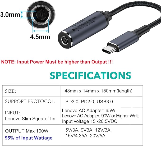 4.5mm Barrel Tip to USB C Adapter, 45W 65W 100W Charging for Convert DELL HP 4.5 x 3.0mm Charger to Type-C PD Power for Phones,Tablets,Laptops and Other USB C Devices, Input: DC15-20.5V