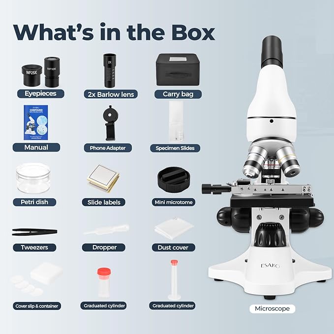 ESAKO 40-2000X Microscope for Kids Students Adults, with Mechanical Stage, Carry Bag & Slides Set Metal Body Microscope for Science Education School Laboratory