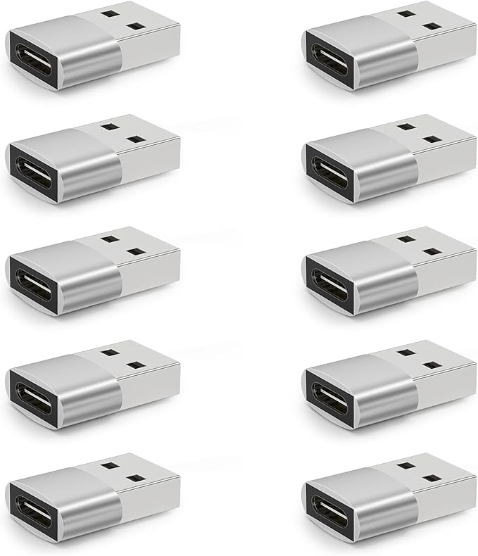 [10 Pack] USB to USB C Adapter, Type C Female to A Male Charger Cable Converter for iPhone 15 14 13 Pro Max Plus, Apple Watch Ultra iWatch 9 8 7, MacBook Pro, iPad 10 9,Samsung Galaxy S20-23, Silver