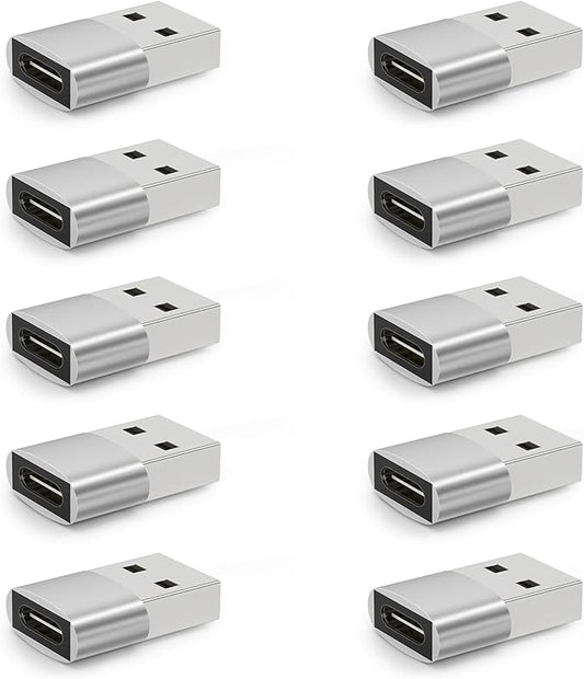 [10 Pack] USB to USB C Adapter, Type C Female to A Male Charger Cable Converter for iPhone 15 14 13 Pro Max Plus, Apple Watch Ultra iWatch 9 8 7, MacBook Pro, iPad 10 9,Samsung Galaxy S20-23, Silver
