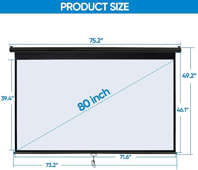 Smartxchoices 80" 16:9 HD Manual Projector Screen with Auto Lock Anti-Crease Home Theater Office Wall Mounted Ceiling Pull Down Projection 1.1 Gain Matte Black, View Size: 72 x 40 inches