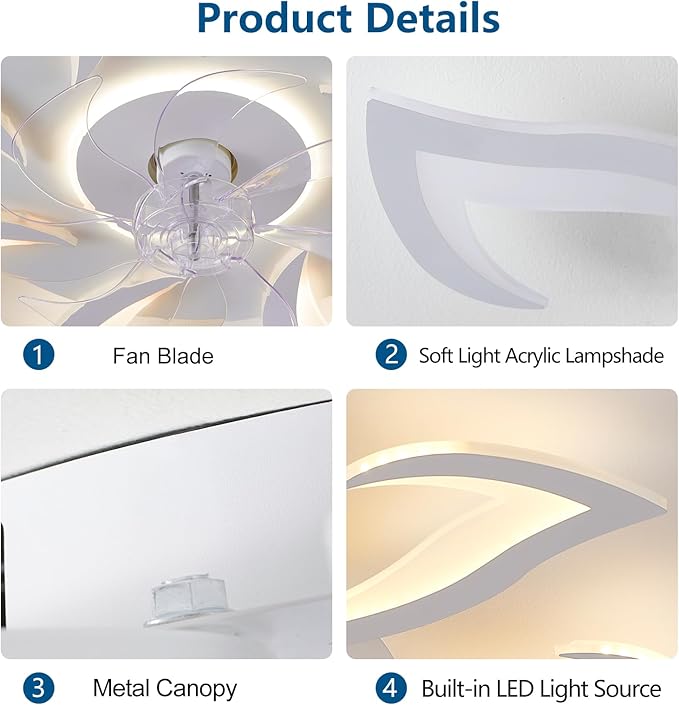 Modern Ceiling Fan with Lights Remote Control, 32" White Flush Mount Fan with 3 Light Colors, 6 Speeds Low Profile Ceiling Fan for Kitchen Bedroom