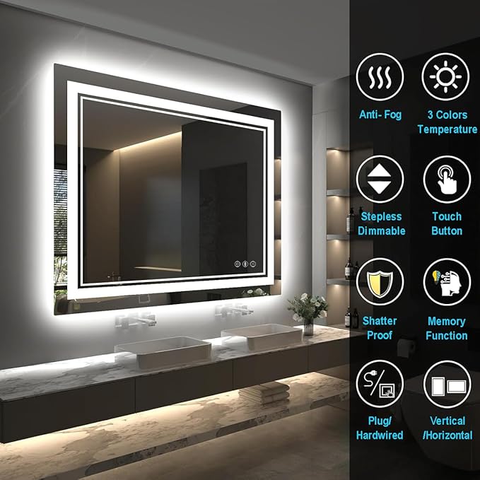 40x32 Inch LED Mirror for Bathroom, Rectangle Lighted Bathroom Mirrors Wall Mounted for Vanity Restroom Bedroom Frameless Modern Design with Backlit & 2 Front Lit, Anti-Fog, Dimmable, 1 Minute Install