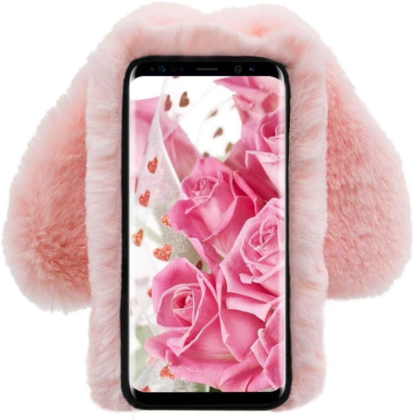 Rabbit Case for Samsung Galaxy S9 Plus, Cute 3D Bunny Ears Soft Furry Hairball TPU Bumper Cover for Women, Pink