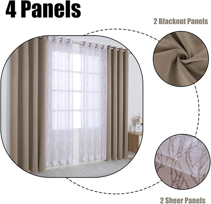 BONZER Mix and Match Curtains - 2 Pieces Branch Print Sheer Curtains and 2 Pieces Blackout Curtains for Bedroom Living Room Grommet Window Drapes, 37x63 Inch/Panel, Taupe, Set of 4 Panels
