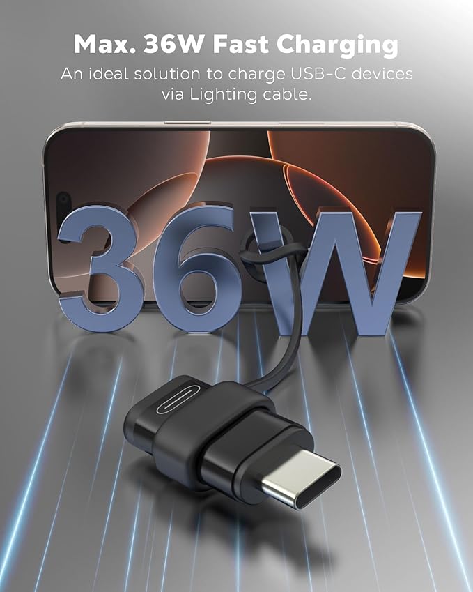 MoKo 36W Lightning to USB C Adapter for iPhone 17 Air 16 15 Pro Max Plus Galaxy,iPad -NOT for EarPods/Headphones/OTG, 4Pack USB-C to Lightning Adapter ONLY for Fast Charging/Data Sync, Black