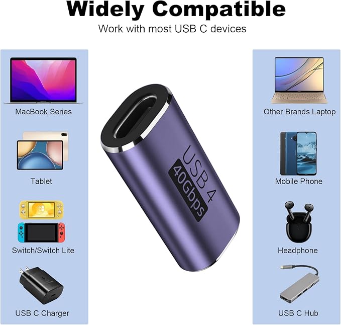 AreMe 2 Pack USB C Female to Female Adapter, USB Type C Coupler Extender Support 100W, 40Gbps, 8K@60Hz for Thunderbolt 4/3, MacBook Pro/Air, Laptop, Phones and More Type C Devices (Purple)