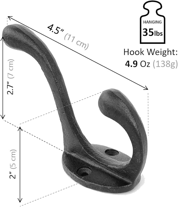 5 Pack Decorative Cast Iron Heavy Duty Double Hooks, Wall Mounted Coat Hooks, Vintage Inspired (Antique Black) (Cornish Hook)