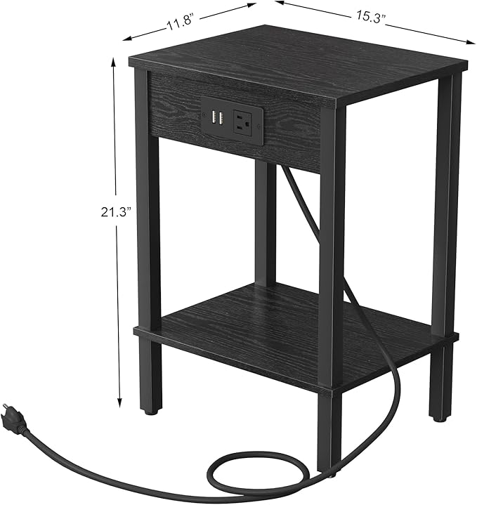 VIMBER Set of 2 End Table with Charging Station, Narrow Side Table with USB Ports and Outlets, Nightstands with 2-Tier Storage Shelves, Sofa Table for Small Space Living Room Bedroom