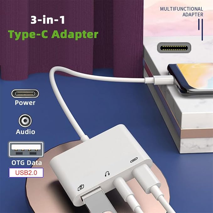NFHK Type C USB-C to 3.5mm Audio AUX & Type-A USB2.0 OTG Female with PD Power Charge Adapter Compatible with Laptop Tablet Phone