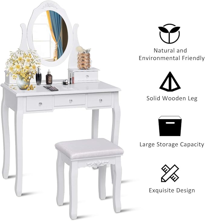 Giantex Vanity Set with Oval Mirror & Cushioned Stool, Makeup Dressing Table Large Storage with 5 Drawers, Mirrored Bedroom Vanities Makeup Table for Kids Girls Women, Easy Assembly (White)