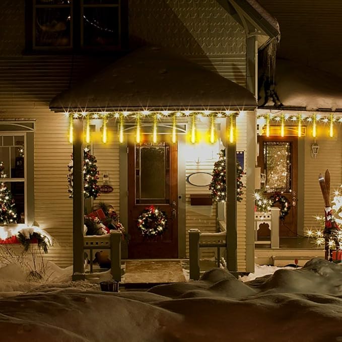 Kwaiffeo Warm White Icicle Lights Outdoor, 16-Tube Meteor Shower Lights for Christmas Thanksgiving New Year Party Yard Wedding Decor, Equivalent to 2 Sets of 8-Tubes