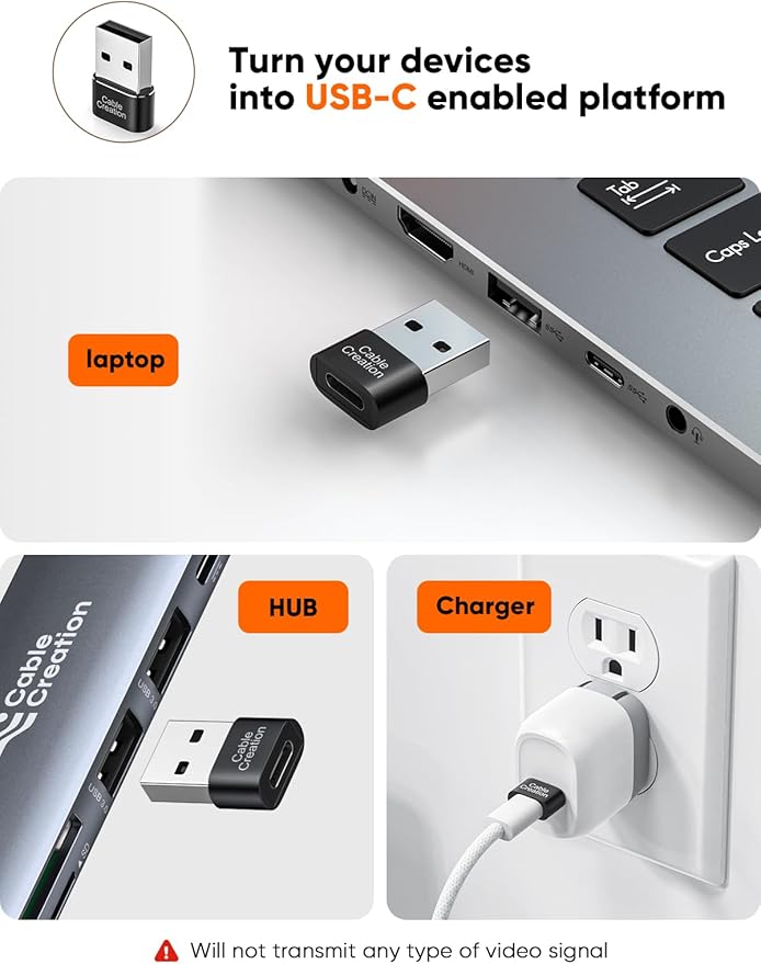 CableCreation USB to USB C Female Adapter 2Pack Compatible with iPhone 16, 15, Samsung Galaxy S24, iPad, Apple Watch, Airpods, CarPlay