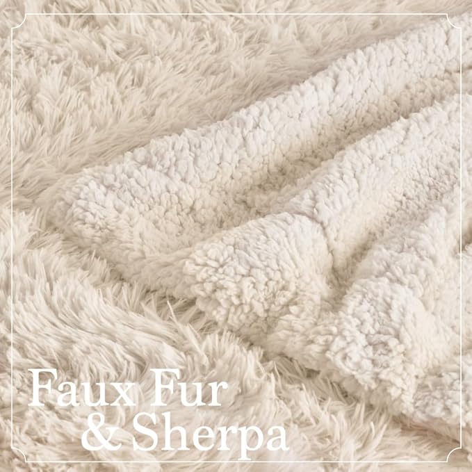 The Connecticut Home Co Throw Blanket Soft Fluffy Room Decor, Cozy Warm Throws for Bed, Couch, Gifts for Women, Bedroom Cute Aesthetic Blankets Shag and Sherpa, 65x50, Cream