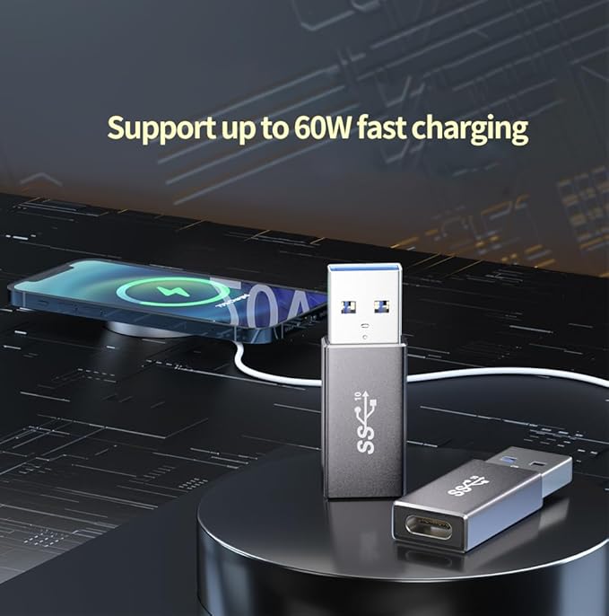 [10Gbps 2 Pack] USB A Male to USB C Female Adapter - USB 3.2 Converter High Speed 10Gbps Data Transfer & 60W Fast Charging, Compatible with Apple/iPhone/iPad