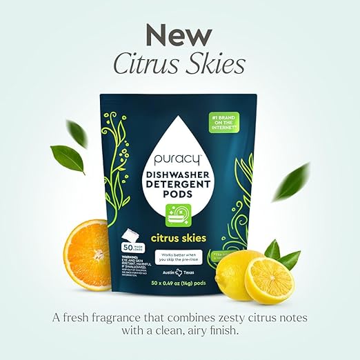 Puracy Dishwasher Pods, Natural Dishwasher Detergent, Citrus Skies Dish tabs - Enzyme-Powered, Spot & Residue Free - TikTok Trend Items, Must Haves from TikTok (Citrus Skies, 50 Count - 2 Pack)
