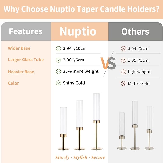 NUPTIO Candle Holders for Table Centerpiece: 18 Pcs 23.6 & 21.7 & 19.7 in Tall Gold Hurricane Candlesticks Holder with Glass Cylinder Cover Bulk Taper Candles Sticks Stand for Thanksgiving Party Decor