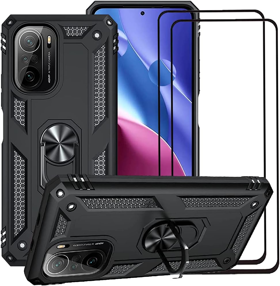 for Xiaomi Poco F3 Case/Redmi K40 Case/K40 Pro Case with Glass Screen Protector [2 Pack], Heavy Duty Dual Layer Armor