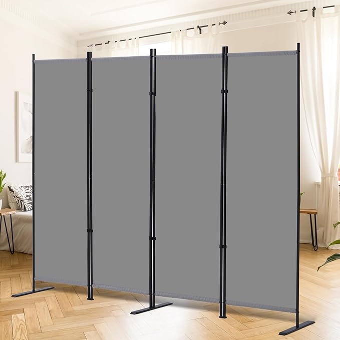 RANTILA 4 Panel Room Divider, 6 FT Folding Privacy Screen with Wide Feet, Freestanding Partition for Room Separation, Portable Room Divider Panel, 89" W x 71" H, Grey