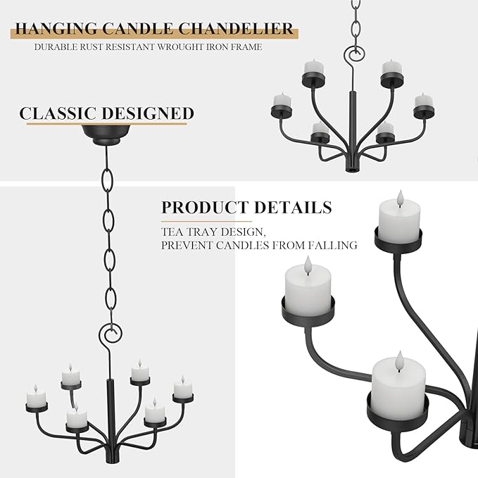 smtyle Holloween Tea LED Light Black Chandelier Tealight Candle Holders for Outdoor Gazebo Set of 6 Tealight Candles Metal Wall Sconce for Hanging Wedding Decoration