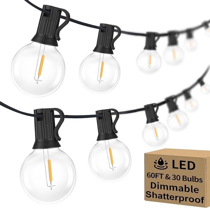 Bosceos 60FT Outdoor G40 LED Globe String Lights Dimmable Waterproof Shatterproof Light Strings with 30 Bulbs Connectable Commercial Hanging Lights for Christmas Patio House Backyard Balcony Party