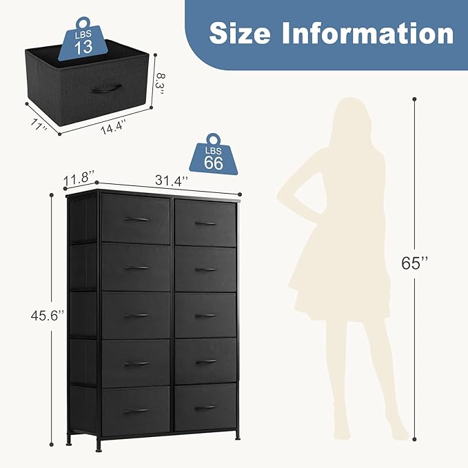 DUMOS Dresser for Bedroom, 10 Storage Drawers, Wide Fabric Closet Chests Organizer Tower Furniture with Wooden Top Metal Frame for Clothes, Guest Room, Living Room, Hallway, Entryway