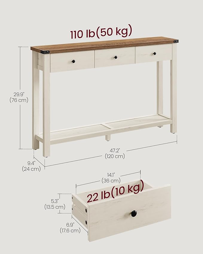 VASAGLE Console Table, Sofa Table, Narrow Entryway Table, Entry Table with 3 Drawers, Open Storage Shelf, Metal Corners, for Living Room, Farmhouse Style, Honey Brown and Rustic White ULNT142WJ02S