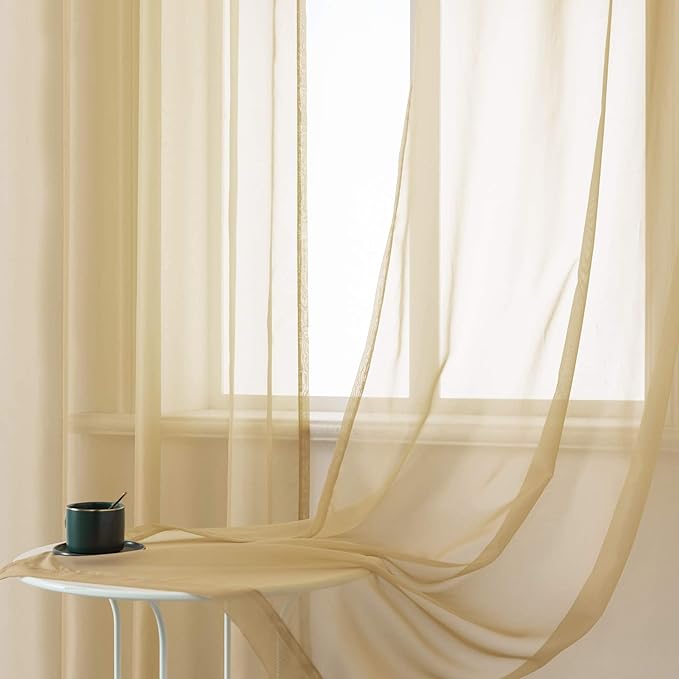DUALIFE Antique Taupe Brown Sheer Curtains Grommet Light Brown Tan Semi Voile Curtain Panels Window Drapes for Living Room and Bedroom Window Treatments 2 Panels 52 x 72 Inch Natural Taupe