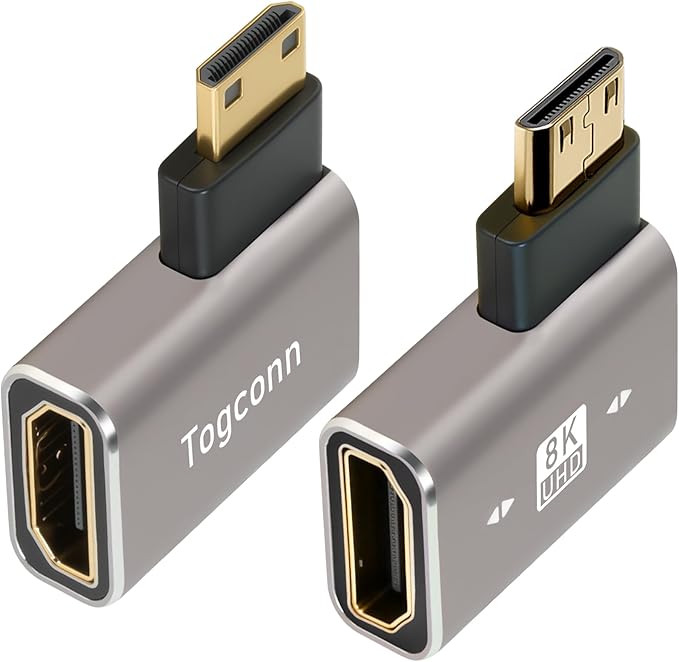 90 Degree Mini HDMI to HDMI Adapter 2 Pack, Flat Right Angle (Left and Right) Angle Mini HDMI Male to HDMI Female L-Shaped Converter Connector Support 8K@60Hz,4K@120Hz for Raspberry Pi Zero, Monitor