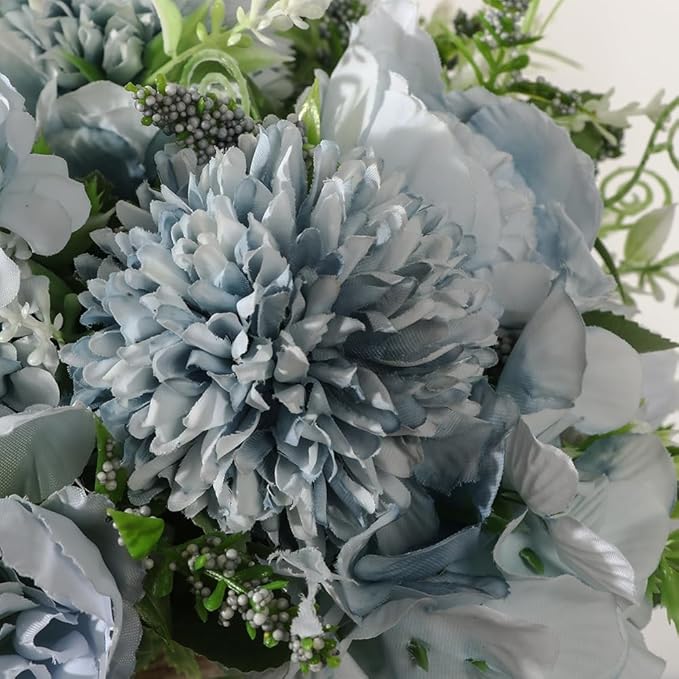 Peonies Artificial Flowers in Vase, Fake Hydrangea Silk Peony Flower Bouquet with Vase Faux Flowers Arrangement Decor Home Table Dining Room (Blue)